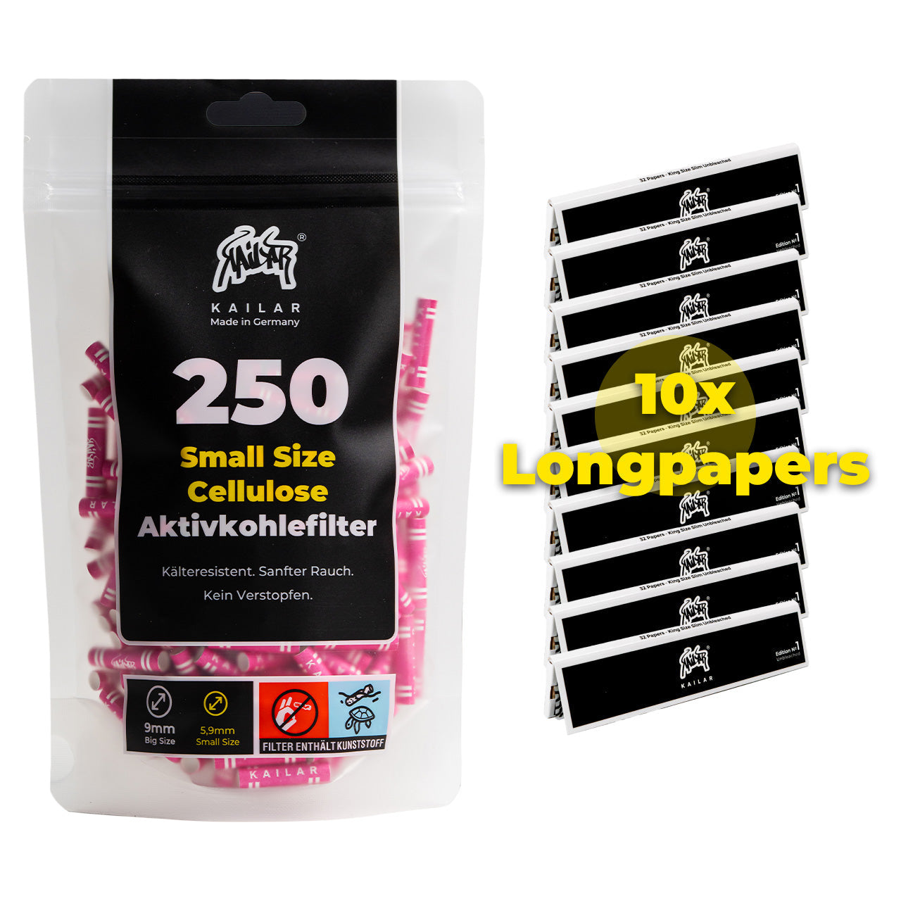 August Deal - 250 activated carbon filters 6mm pink + 10x Kailar long papers unbleached