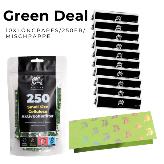 Green Deal - 250 Aktivkohlefilter Grün + 10x Kailar Longpapers + Mischpappe
