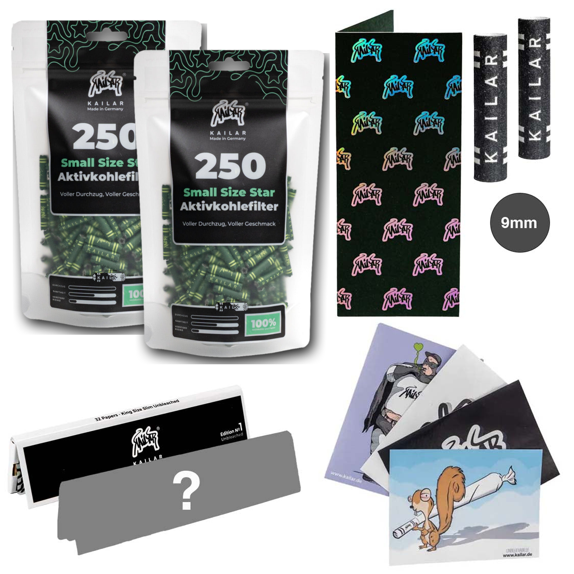 Kailar 2×250er Star Bundle Grün und Grün mit Longpapers, Mischpappe, 2×9-mm-Filtern und Stickern