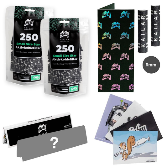 Kailar Star pack with 2×250 filters, black + black, rolling papers, a mixing card, 2 filters of 9 mm and stickers
