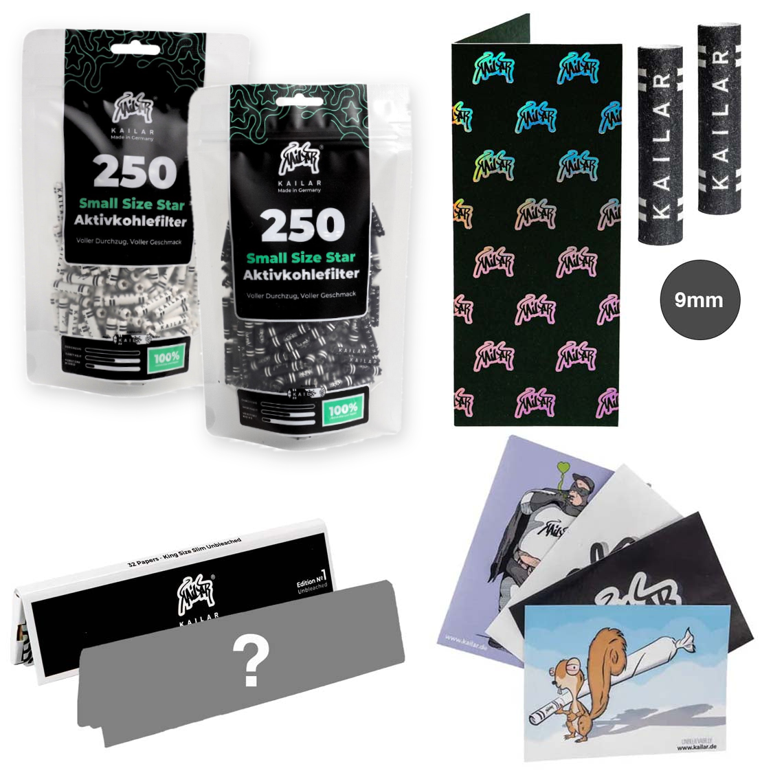 Kailar 2×250er Star Bundle Schwarz und Weiß mit Longpapers, Mischpappe, 2×9-mm-Filtern und Stickern