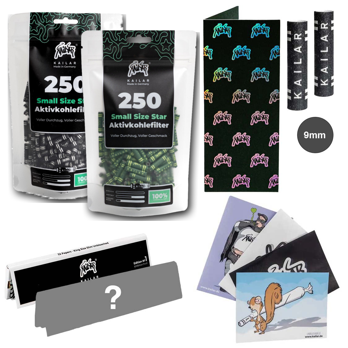 Kailar 2×250er Star Bundle Schwarz und Grün mit Longpapers, Mischpappe, 2×9-mm-Filtern und Stickern