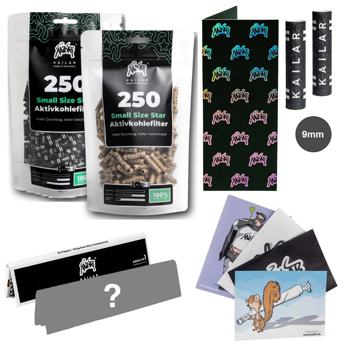 Kailar 2×250er Star Bundle Schwarz und Ungebleicht mit Longpapers, Mischpappe, 2×9-mm-Filtern und Stickern