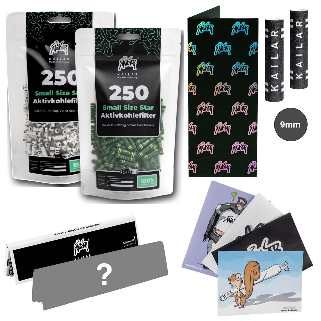 Kailar 2×250er Star Bundle Weiß und Grün mit Longpapers, Mischpappe, 2×9-mm-Filtern und Stickern
